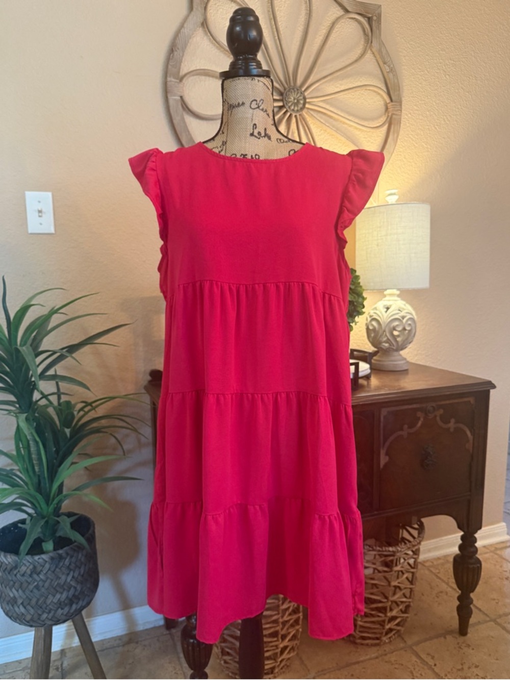 Kirundo Tiered Ruffle Sleeve Dress - Hot Pink